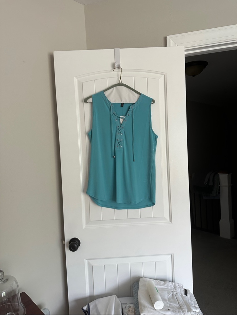 White House Black Market Sleeveless Lace-Up Tank Top in Teal